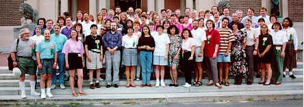 Class of 1994 group photo on the steps of Bowdoin College